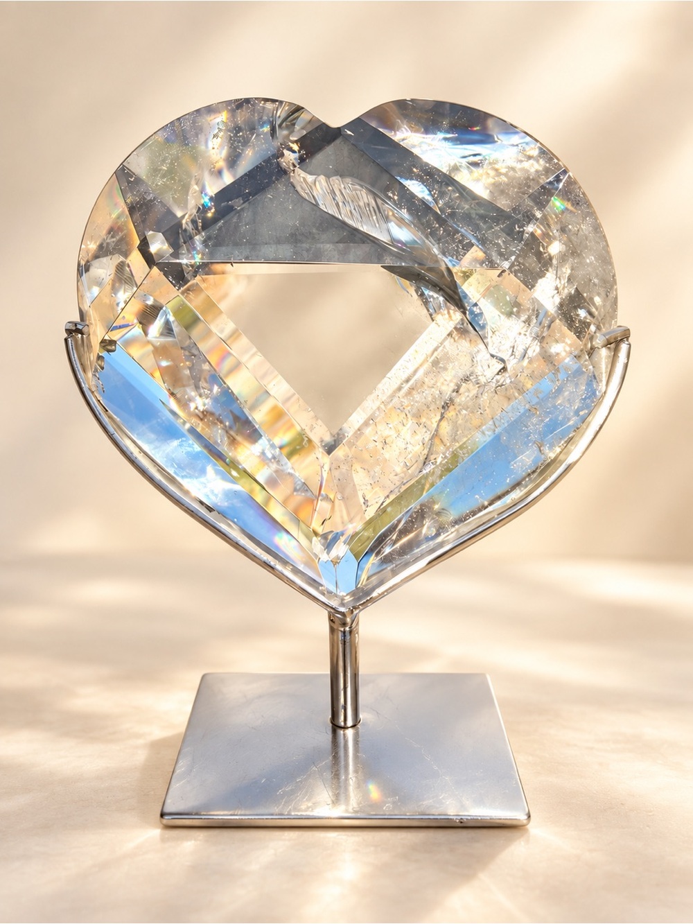 Large Faceted Clear Quartz Heart with Silver Display Stand